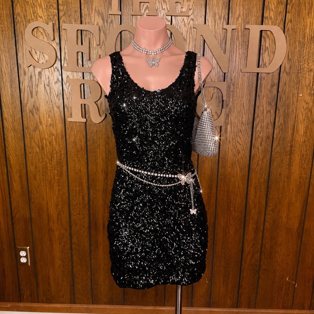Black Sequin Bodycon Dress Shasa Women XS Y2k Indie Sleaze Glam Rocker Party